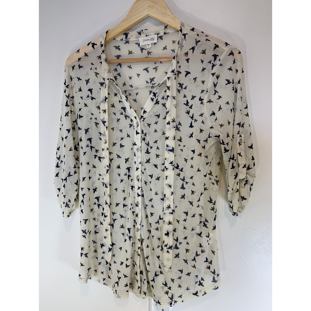 Siren Lily Bird Print Sheer Tie Neck Blouse Size S Whimsical Boho Chic Women